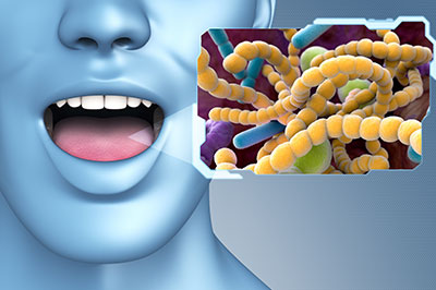 The image shows a stylized 3D rendering of a human face with an open mouth, displaying a yellow-green substance resembling bacteria or germs, against a backdrop that includes a microscopic view of cells and a label indicating  Bacteria.  This appears to be a visual metaphor for the concept of oral hygiene or dental health.